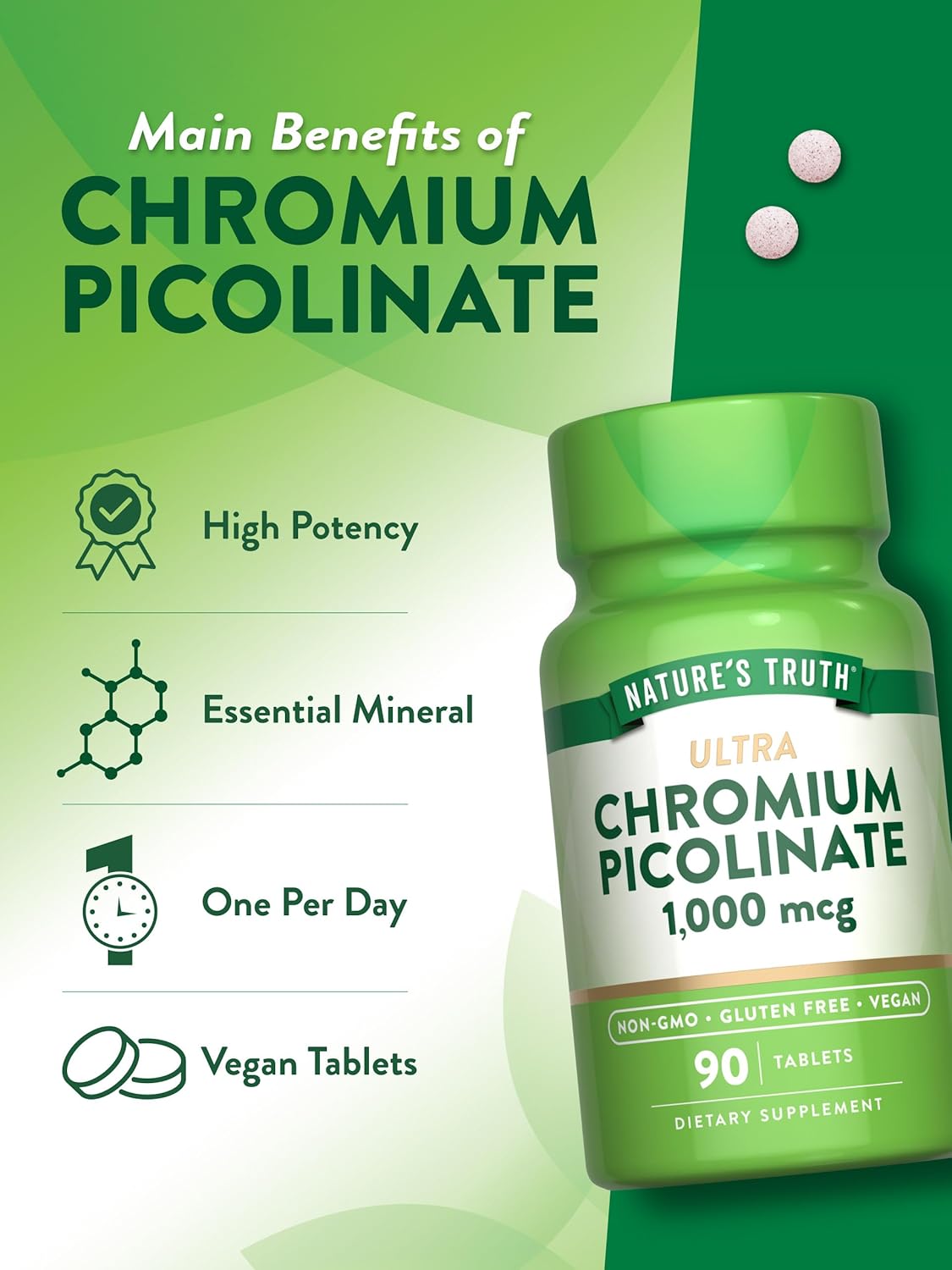 1000mcg Ultra Chromium Picolinate Supplement | 90 Tablets | Vegan, Non-GMO & Gluten Free by Nature's Truth