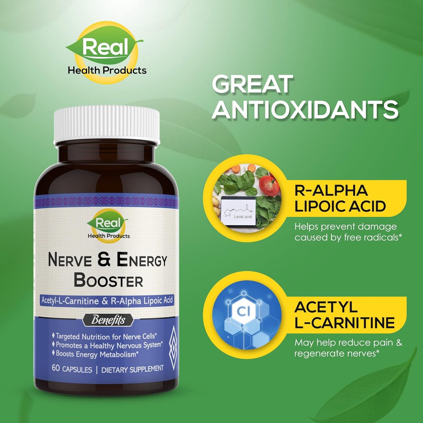 1000mg Acetyl L-Carnitine & 300mg R-Alpha Lipoic Acid Capsules - Boost Nerve & Energy, Cardiovascular & Cognitive Support, Antioxidant Ala Supplement