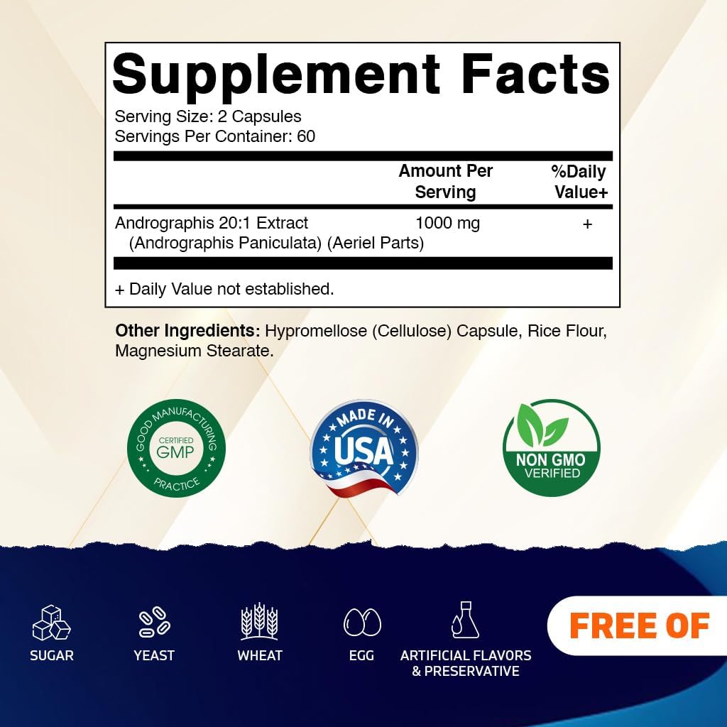 1000mg Andrographis Extract - 120 Veg Capsules - 20X Extract, Vegetarian, All-Natural, Gluten Free