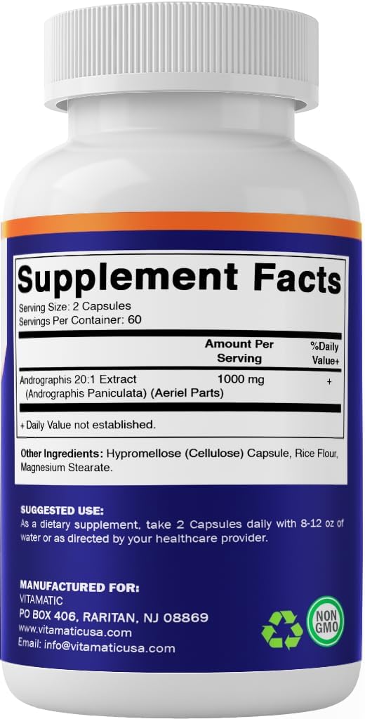 1000mg Andrographis Extract - 120 Veg Capsules - 20X Extract, Vegetarian, All-Natural, Gluten Free