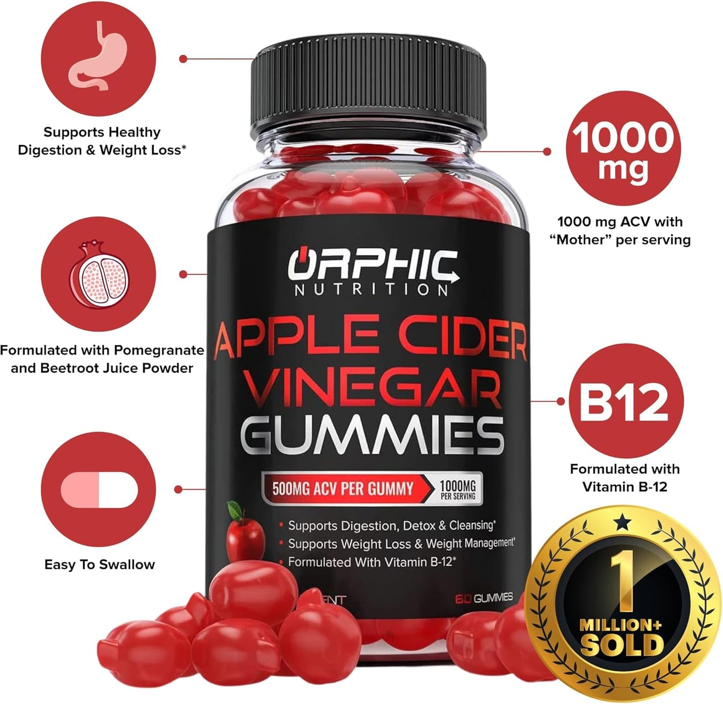 1000mg Apple Cider Vinegar Gummies with Vitamin B12 and Beetroot for Energy, Gut Health, Digestion, Detox, and Cleansing - 60 Gummies