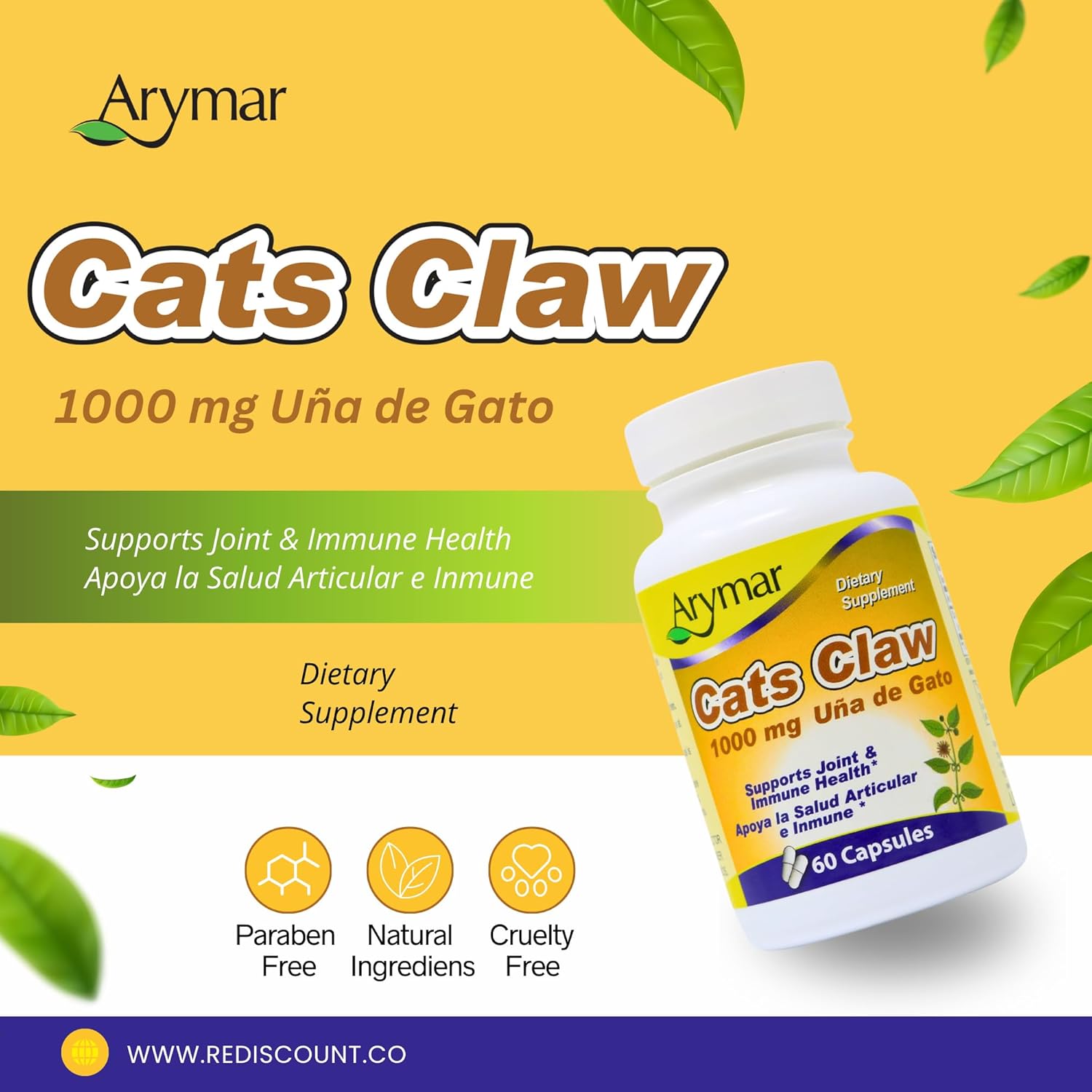 1000mg Arymar Cat's Claw Root Extract Capsules - 60 Count for Overall Health and Wellness