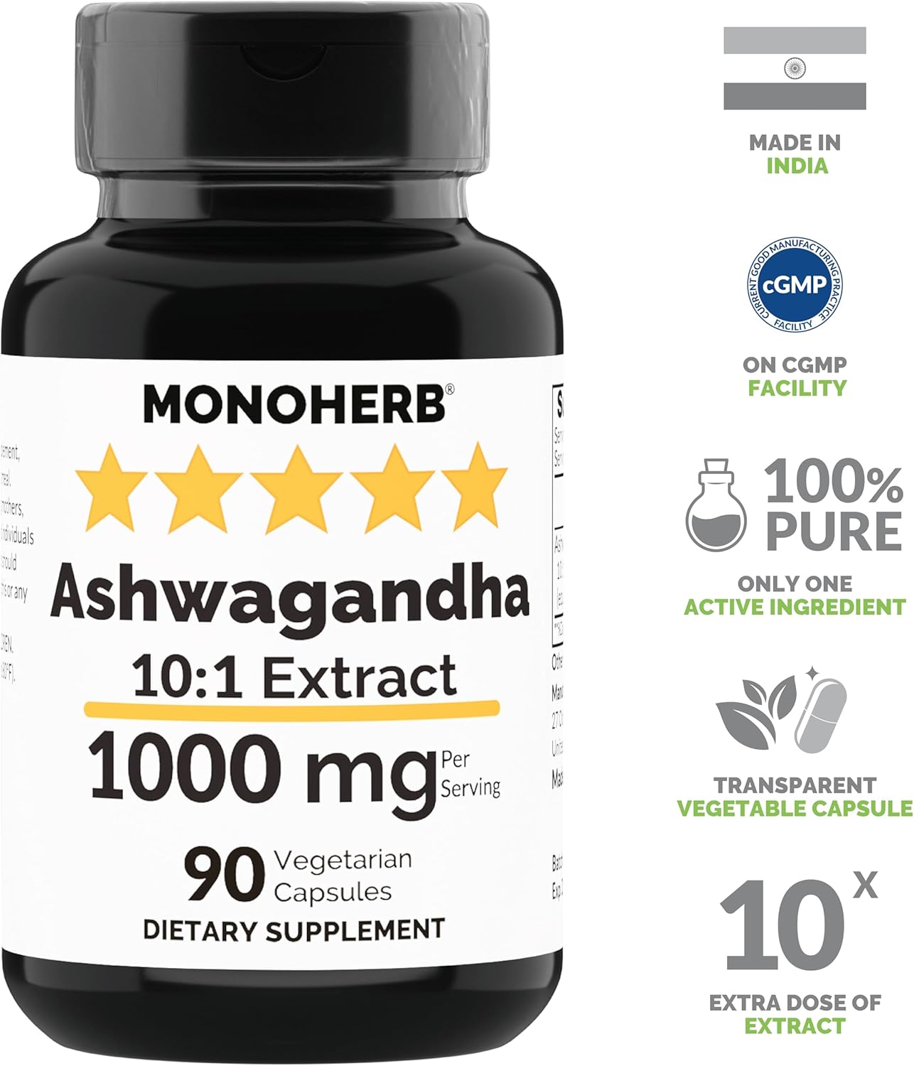 1000mg Ashwagandha Extract - 90 Vegetarian Capsules by MONOHERB