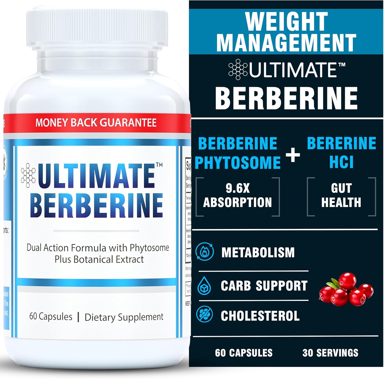 1000mg Berberine HCL Phytosome Supplement - Supports Healthy Weight, Metabolism, Immunity & Cholesterol - Dual Action Formula