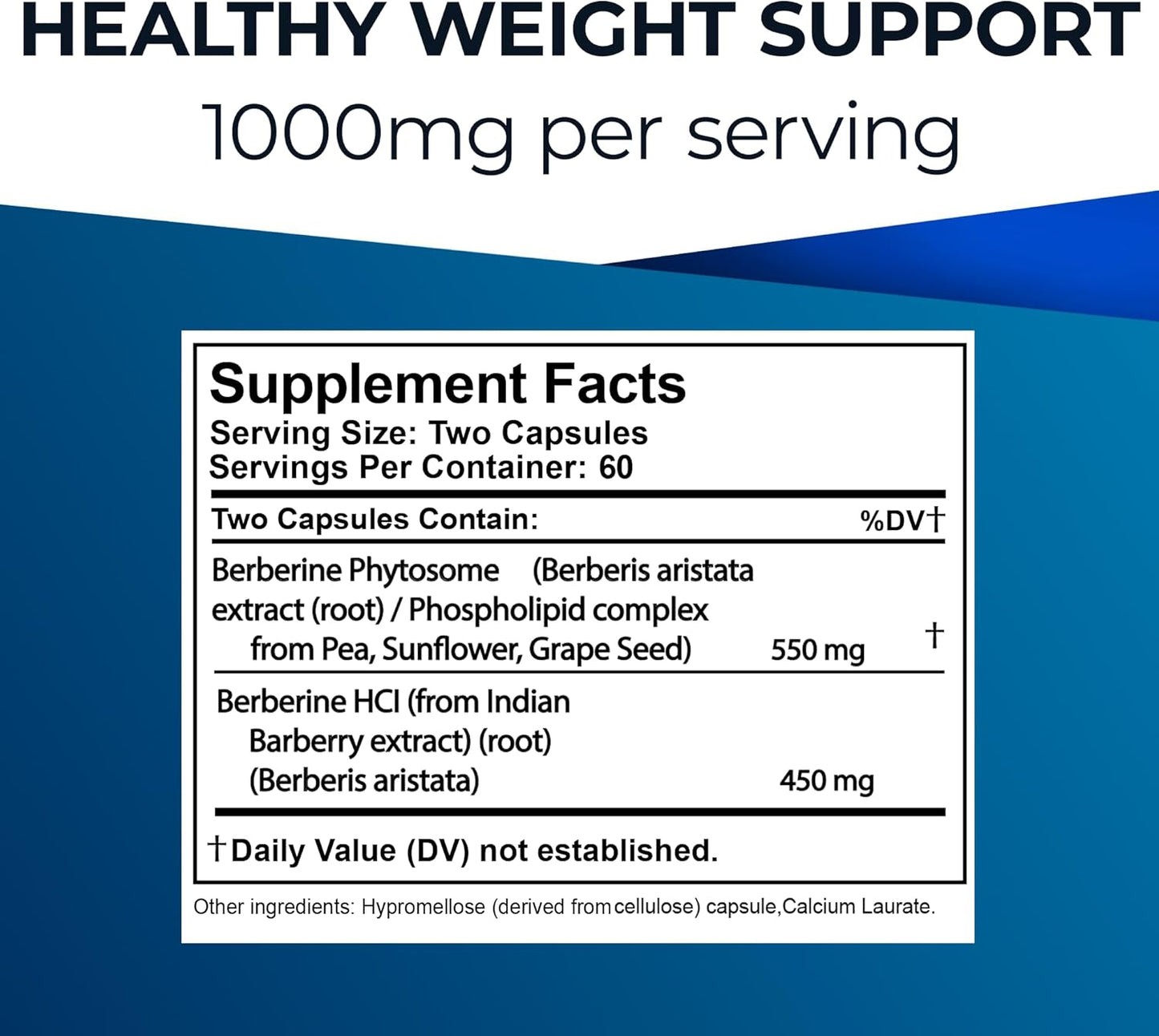 1000mg Berberine HCL Phytosome Supplement for Weight Management & Immune Support - Dual Action Formula for Carbohydrate Metabolism & Cholesterol Health