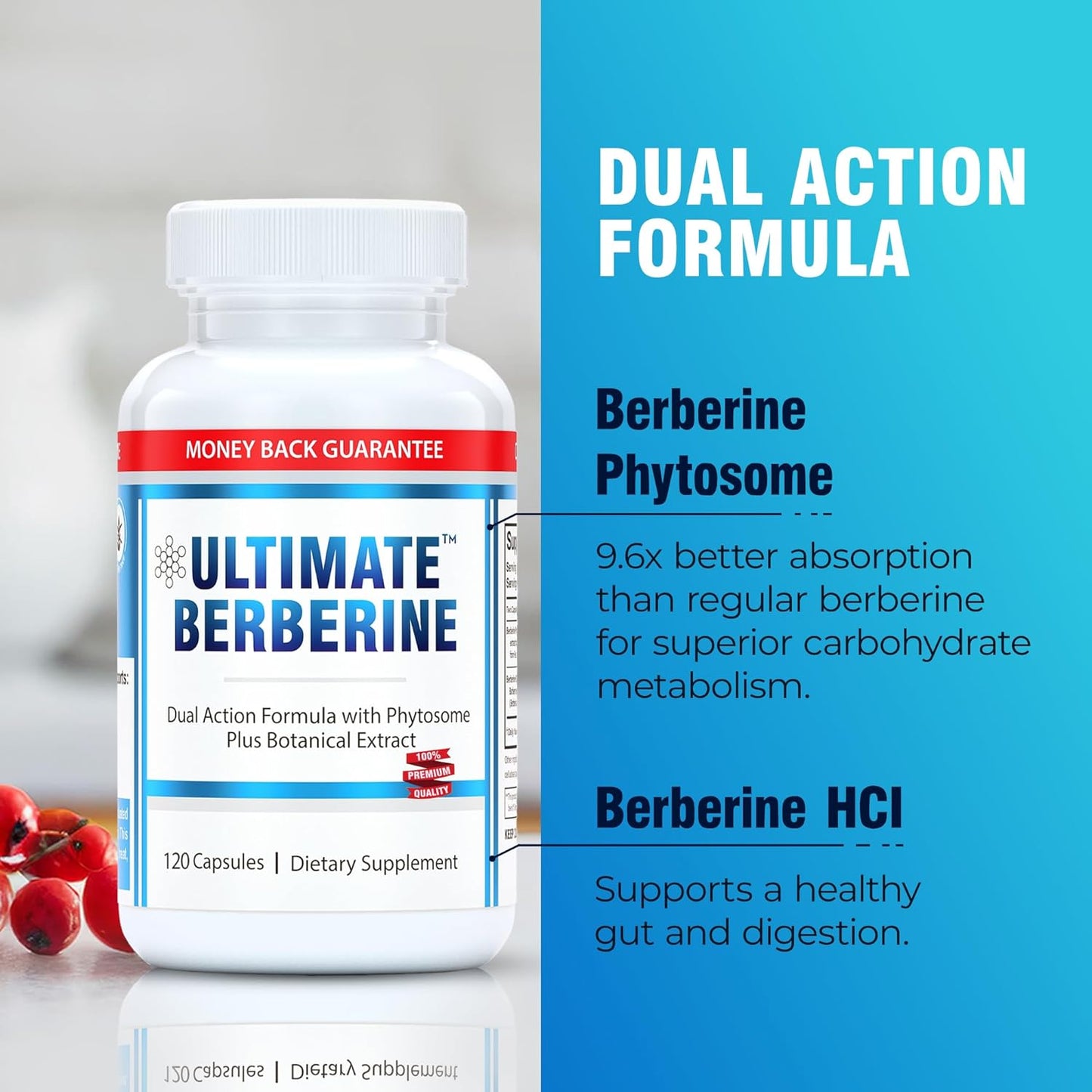 1000mg Berberine HCL Phytosome Supplement for Weight Management & Immune Support - Dual Action Formula for Carbohydrate Metabolism & Cholesterol Health