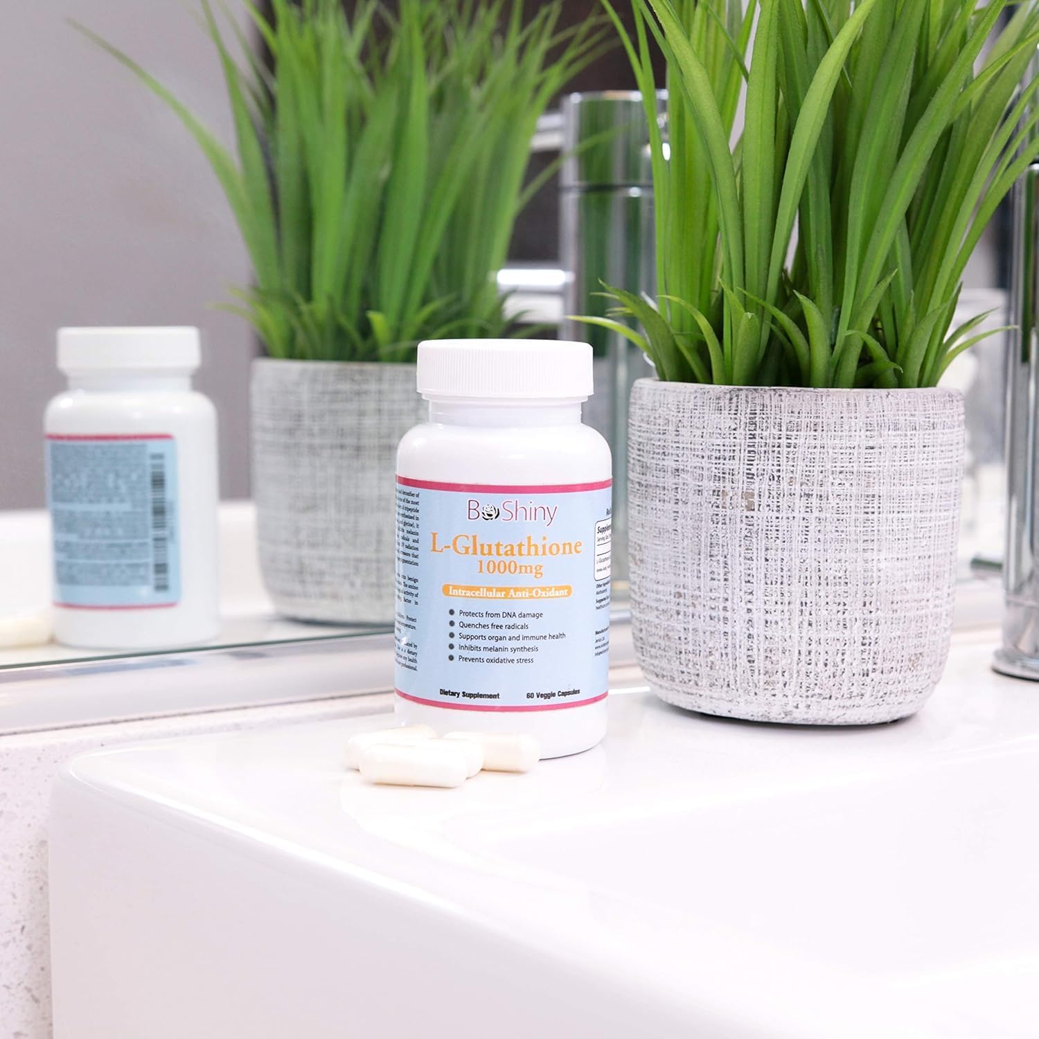 1000mg BeShiny L Glutathione Skin Lightening Pills for Anti-Aging & Liver Health - 60 Capsules Vegan Formula to Boost Immune System & Brain Function