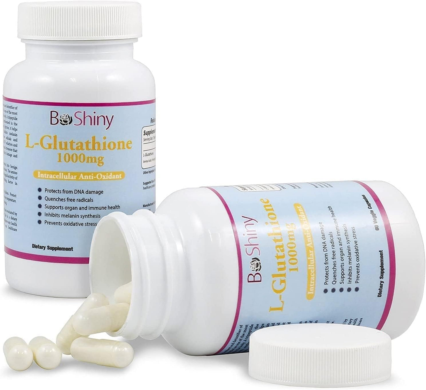 1000mg BeShiny L Glutathione Skin Lightening Pills for Anti-Aging & Liver Health - 60 Capsules Vegan Formula to Boost Immune System & Brain Function