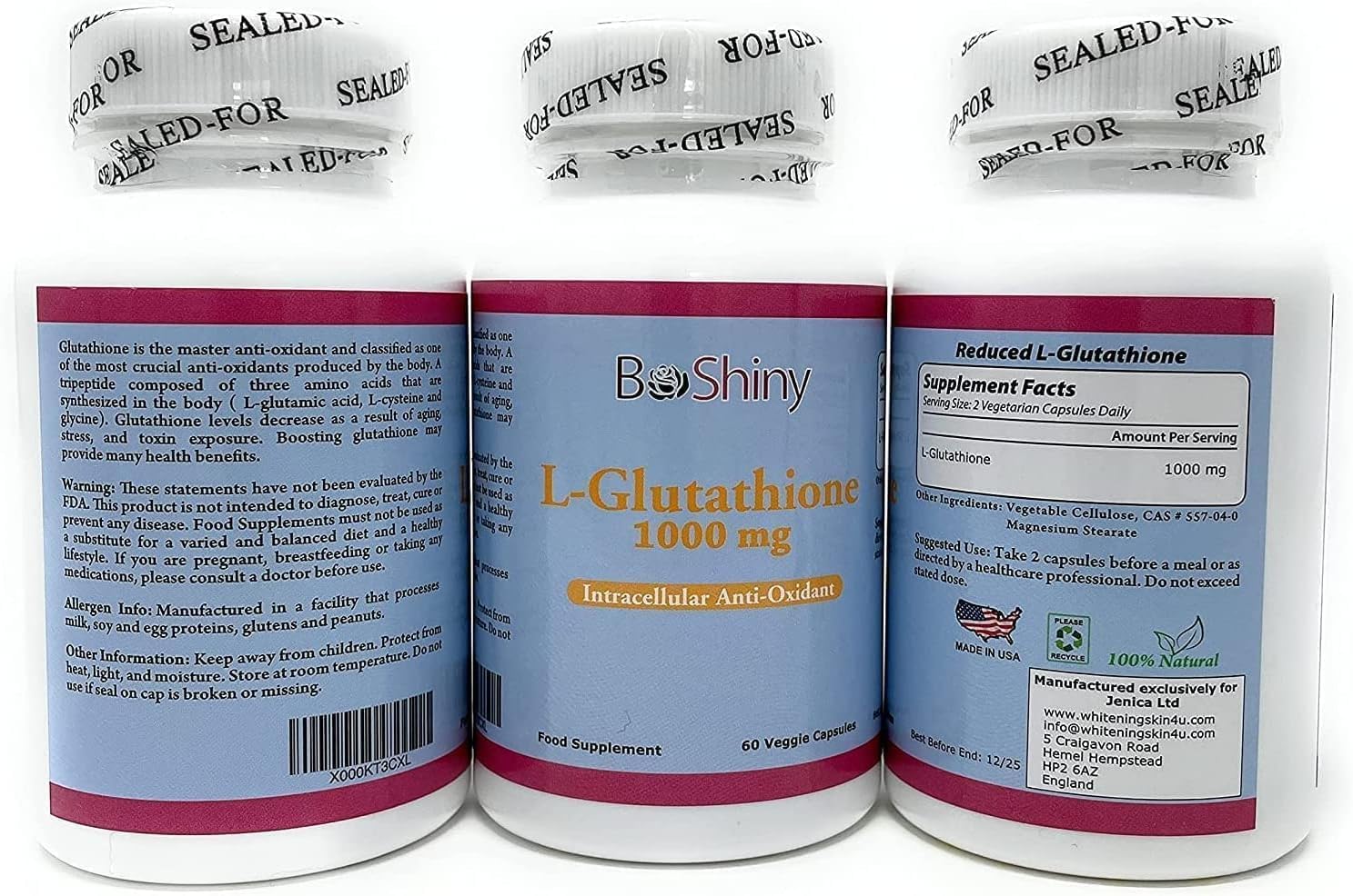 1000mg BeShiny L Glutathione Skin Lightening Pills for Anti-Aging & Liver Health - 60 Capsules Vegan Formula to Boost Immune System & Brain Function