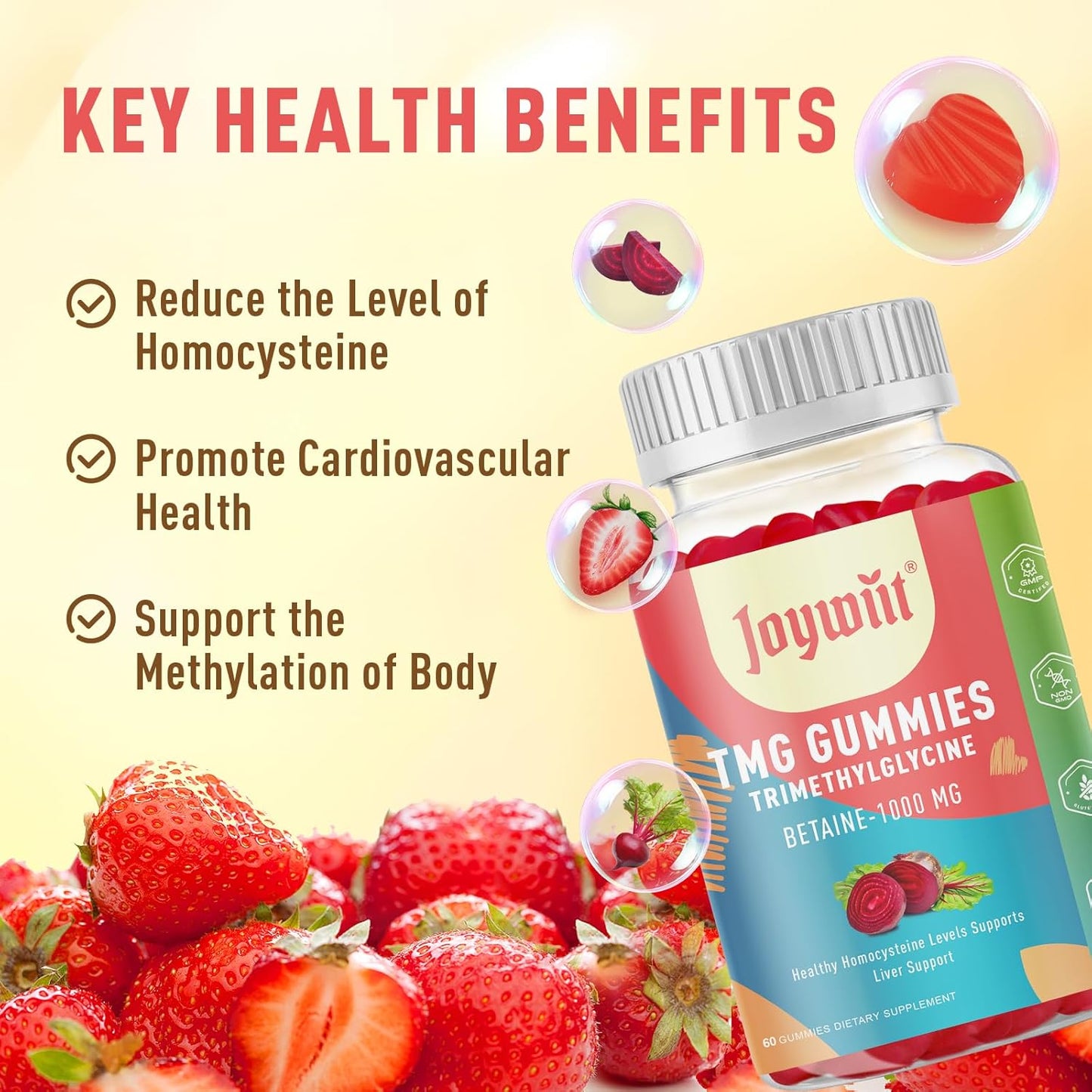 1000mg Betaine Anhydrous Tmg Gummies for Homocysteine Levels, Energy, & Immune Support - Liver Health Supplements, Gluten-Free - 60 Ct