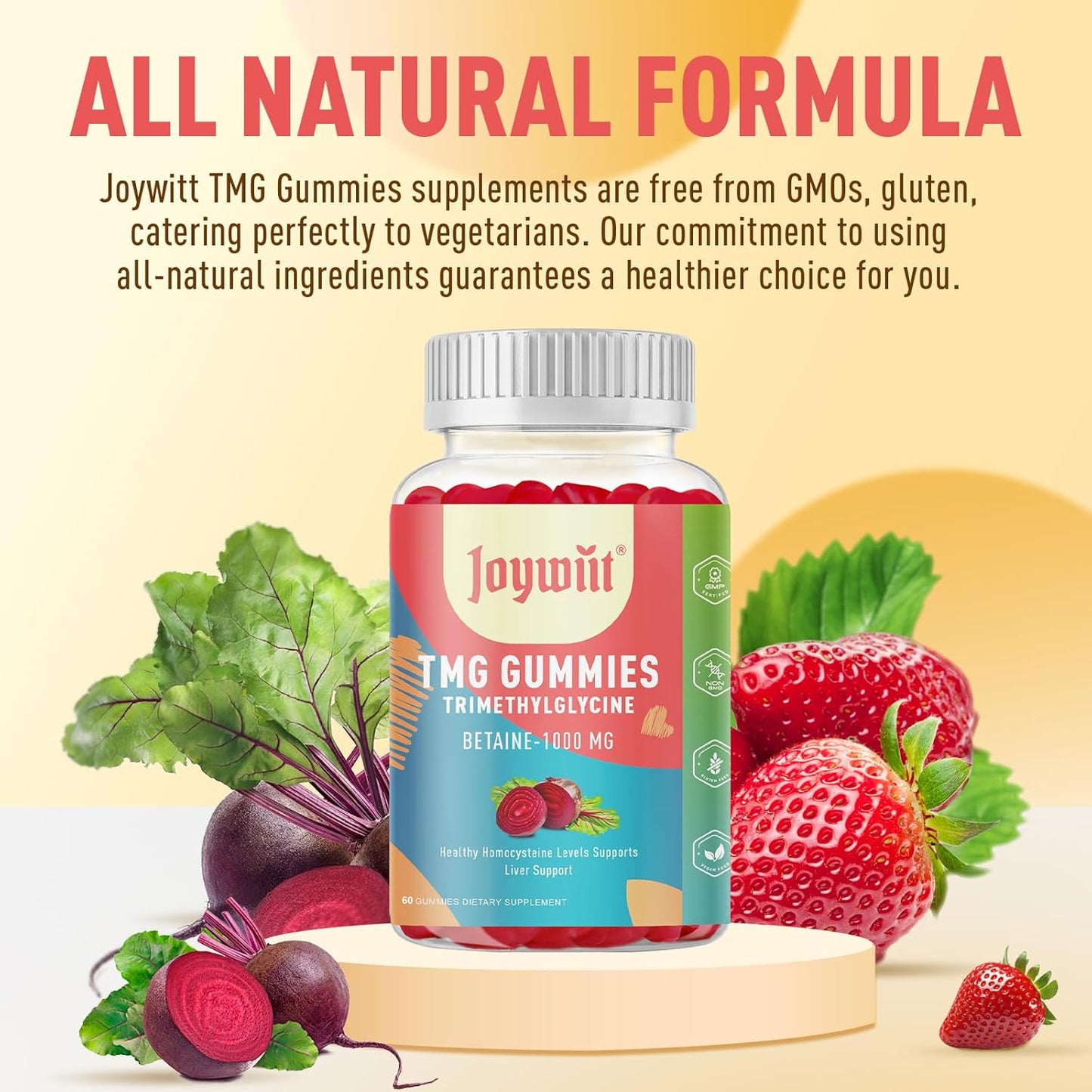 1000mg Betaine Anhydrous Tmg Gummies for Homocysteine Levels, Energy, & Immune Support - Liver Health Supplements, Gluten-Free - 60 Ct