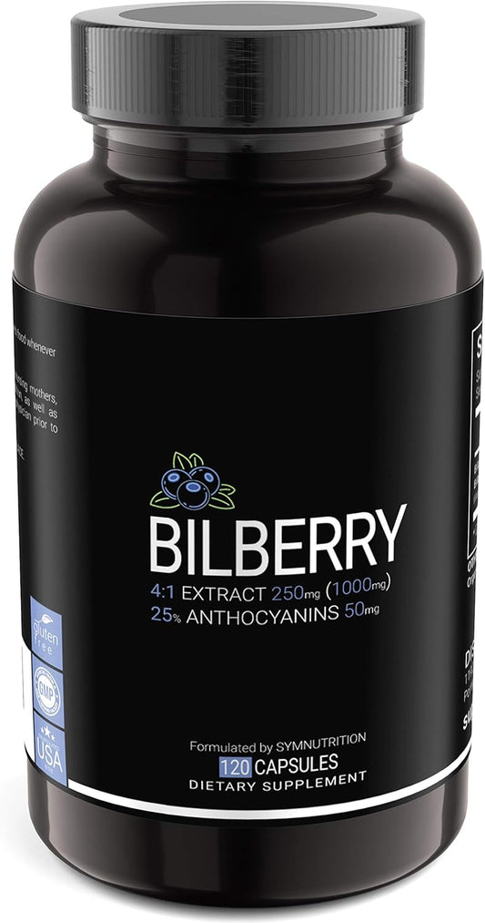 1000mg Bilberry Extract with 25% Anthocyanins - 120 V-Capsules, European Blueberry Supplement, Vegan & Gluten Free - Made in USA
