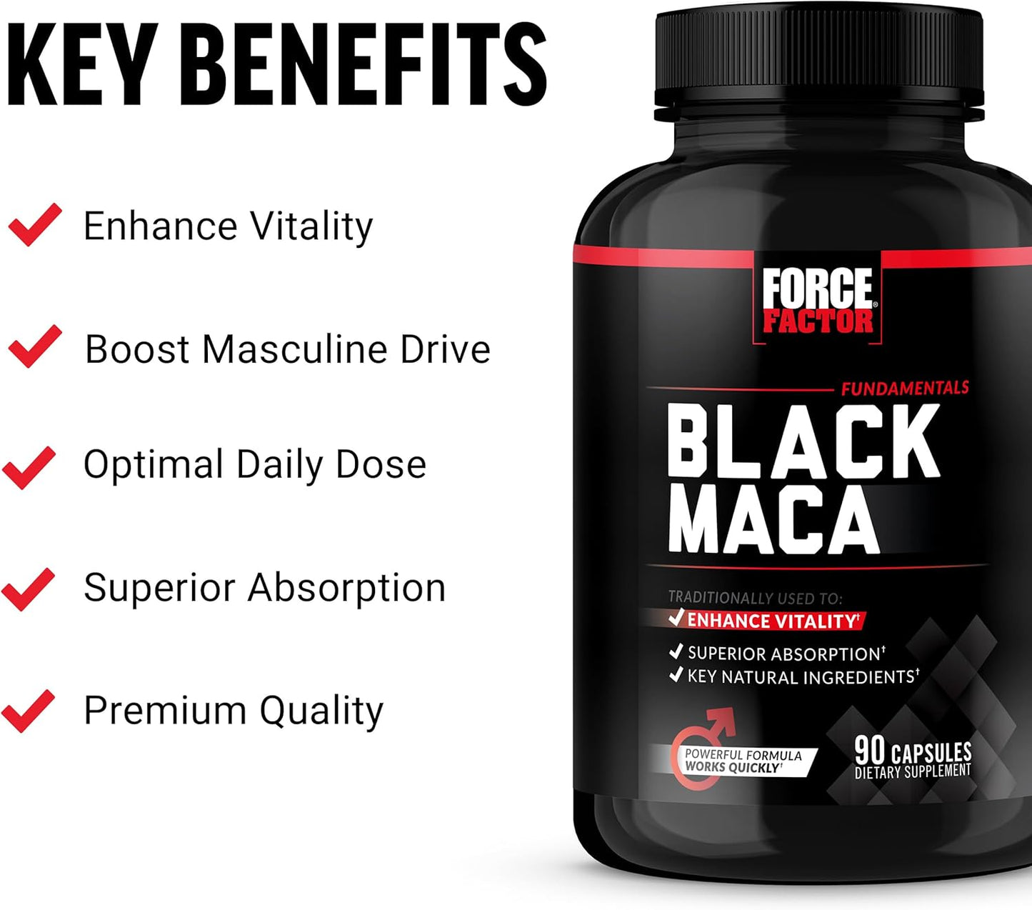1000mg Black Maca Root Supplement for Men with Black Pepper Extract, 90 Capsules, Natural Maca Negra Extract