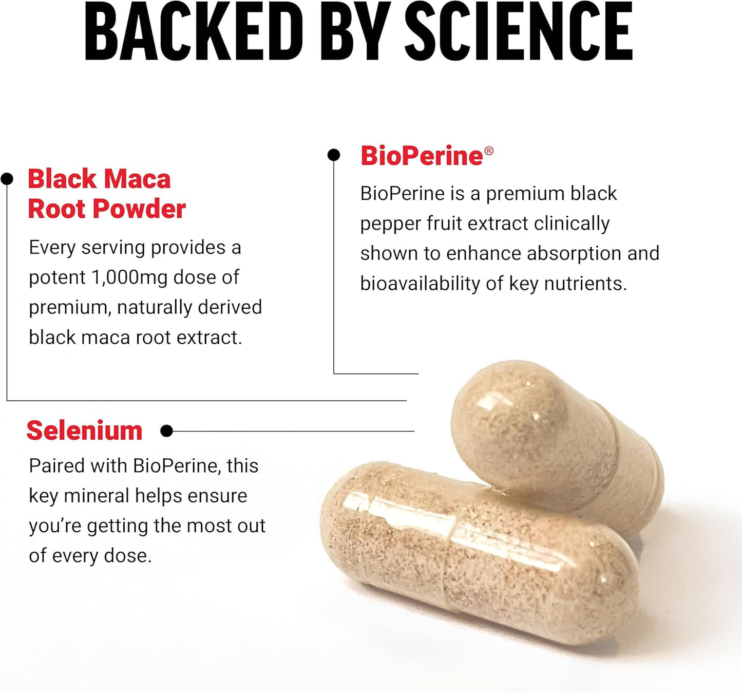 1000mg Black Maca Root Supplement for Men with Black Pepper Extract, 90 Capsules, Natural Maca Negra Extract