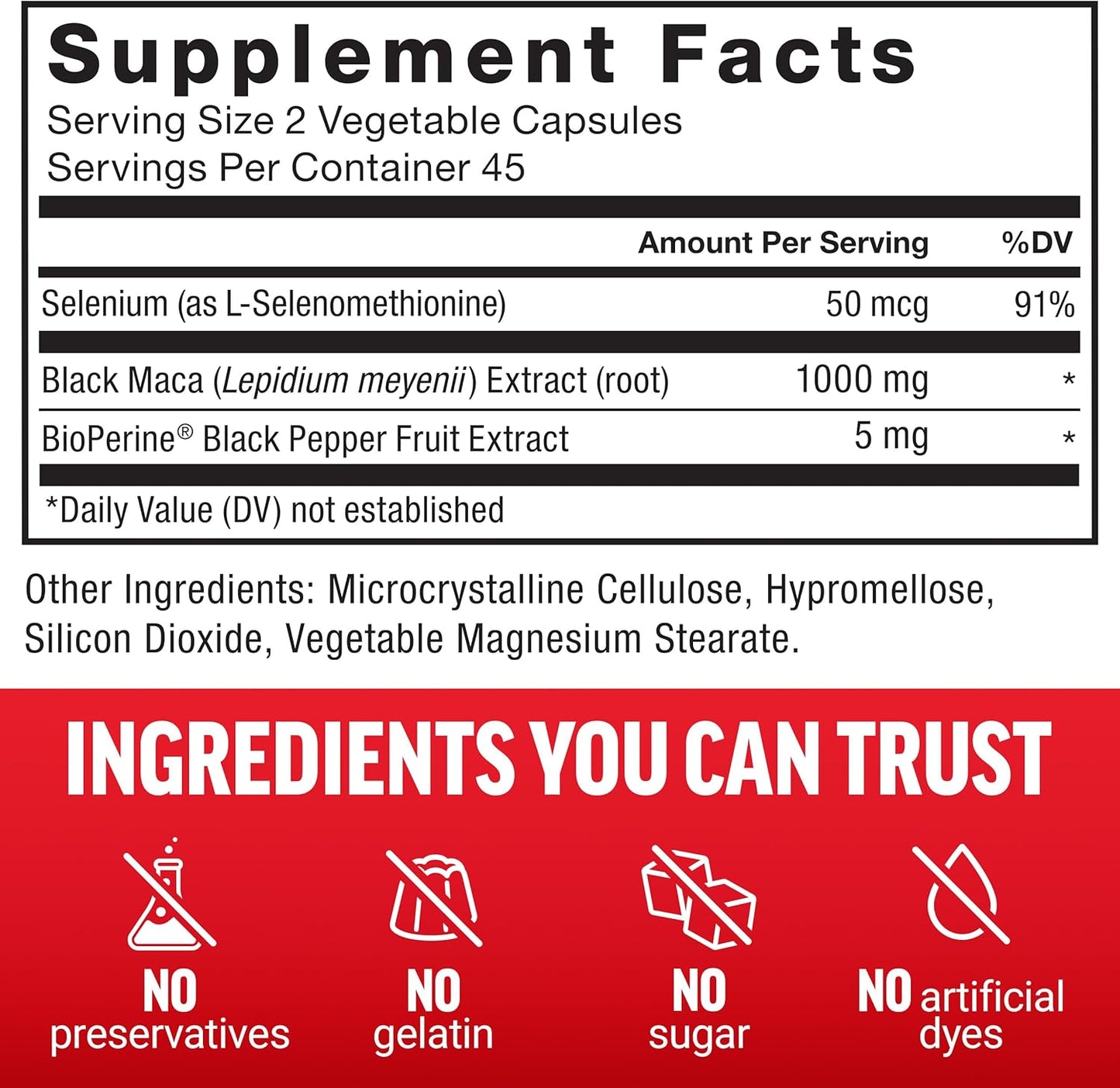 1000mg Black Maca Root Supplement for Men with Black Pepper Extract, 90 Capsules, Natural Maca Negra Extract
