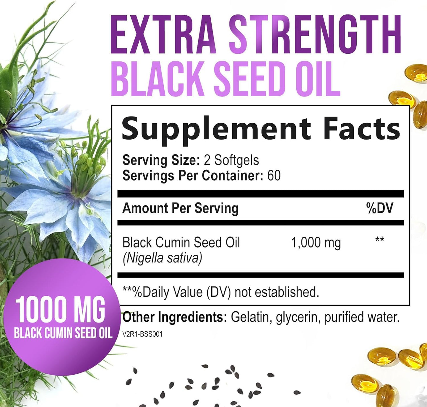 1000mg Black Seed Oil Capsules for Skin & Immune Support - Vegan & Non-GMO - 120 Softgels, Pure Nigella Sativa Seed Oil