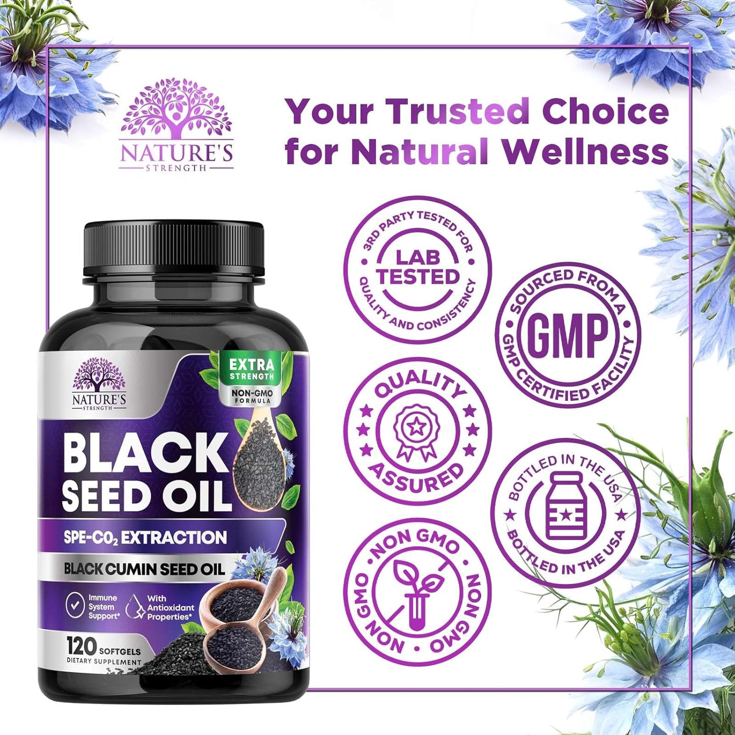 1000mg Black Seed Oil Capsules for Skin & Immune Support - Vegan & Non-GMO - 120 Softgels, Pure Nigella Sativa Seed Oil