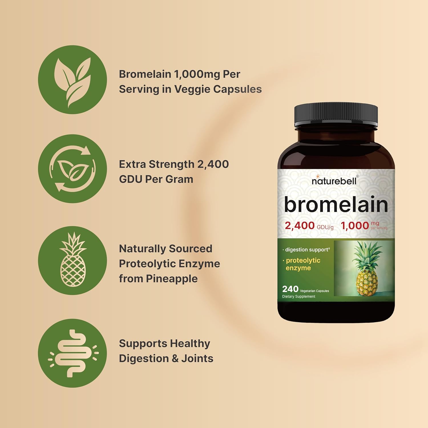 1,000mg Bromelain Enzymes Supplement - 240 Veggie Capsules, Joint Support & Digestive Aid - Fresh Pineapple Source, Non-GMO - NatureBell