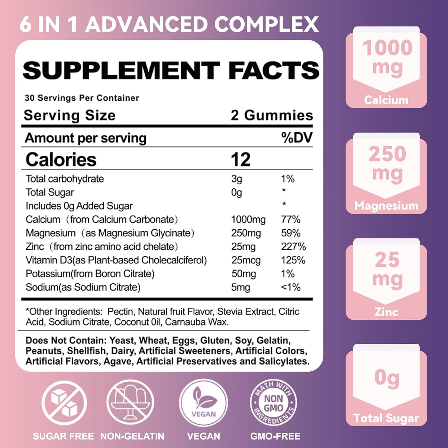1000mg Calcium + 250mg Magnesium Gummies with Potassium & Zinc - Non-GMO, Sugar Free (60 Count)