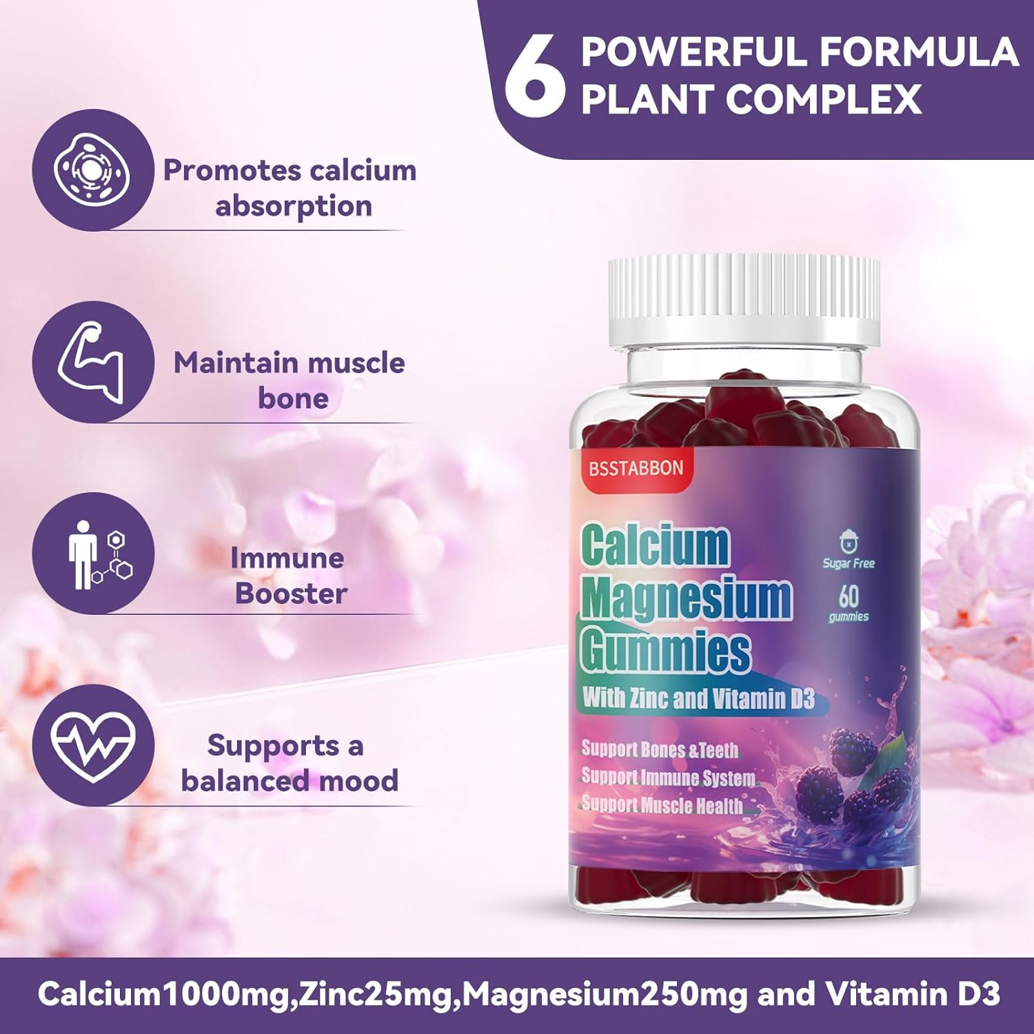 1000mg Calcium + 250mg Magnesium Gummies with Potassium & Zinc - Non-GMO, Sugar Free (60 Count)