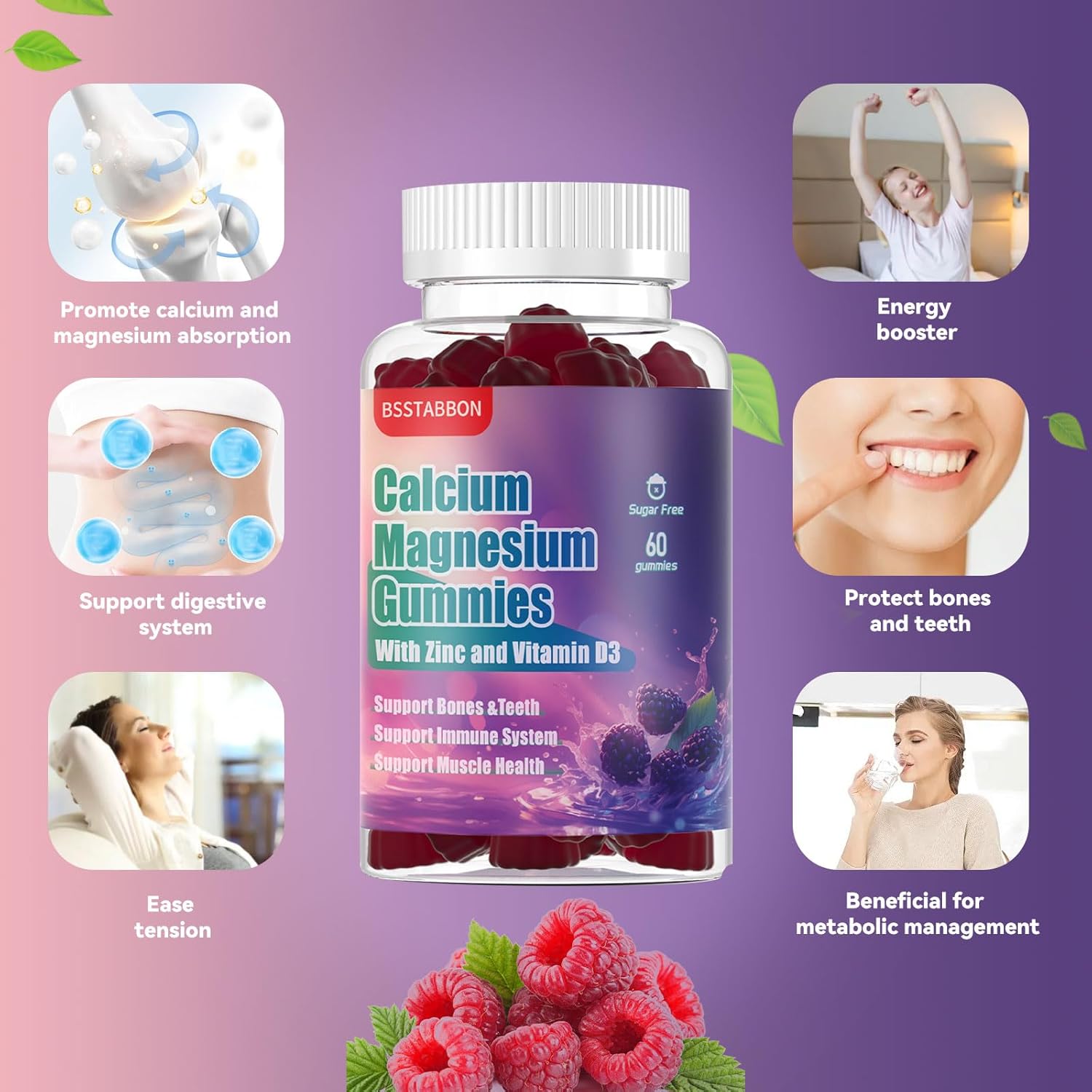 1000mg Calcium + 250mg Magnesium Gummies with Potassium & Zinc - Non-GMO, Sugar Free (60 Count)