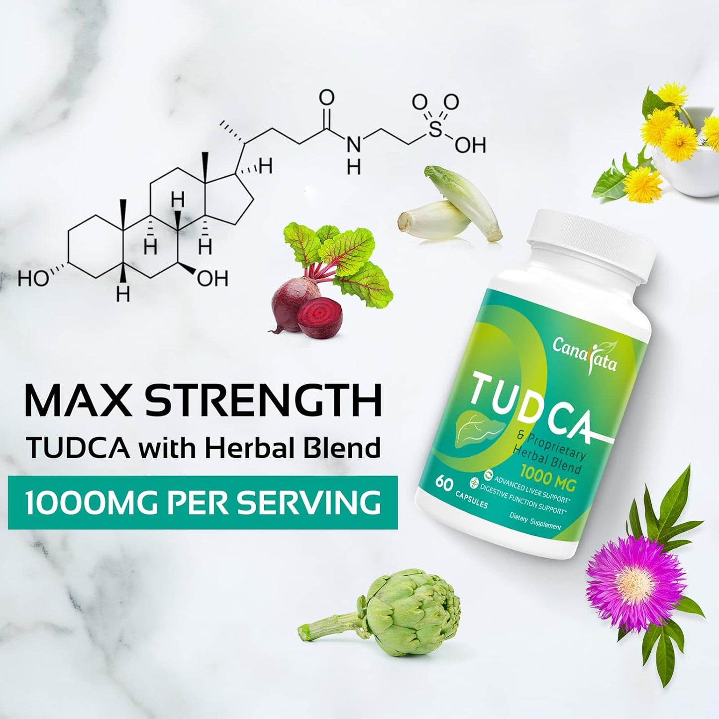 1000mg Canarata TUDCA Liver Support Supplements - 60 Vegan Capsules for Liver Cleanse & Repair with Milk Thistle Herbal Blend Formula