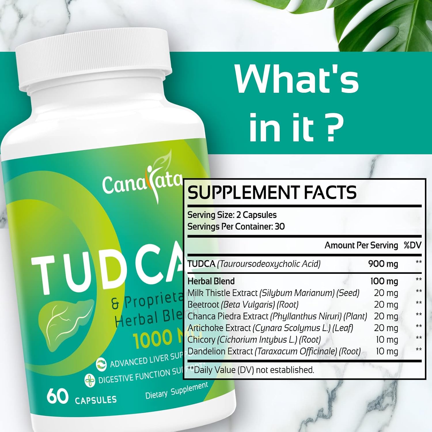 1000mg Canarata TUDCA Liver Support Supplements - 60 Vegan Capsules for Liver Cleanse & Repair with Milk Thistle Herbal Blend Formula