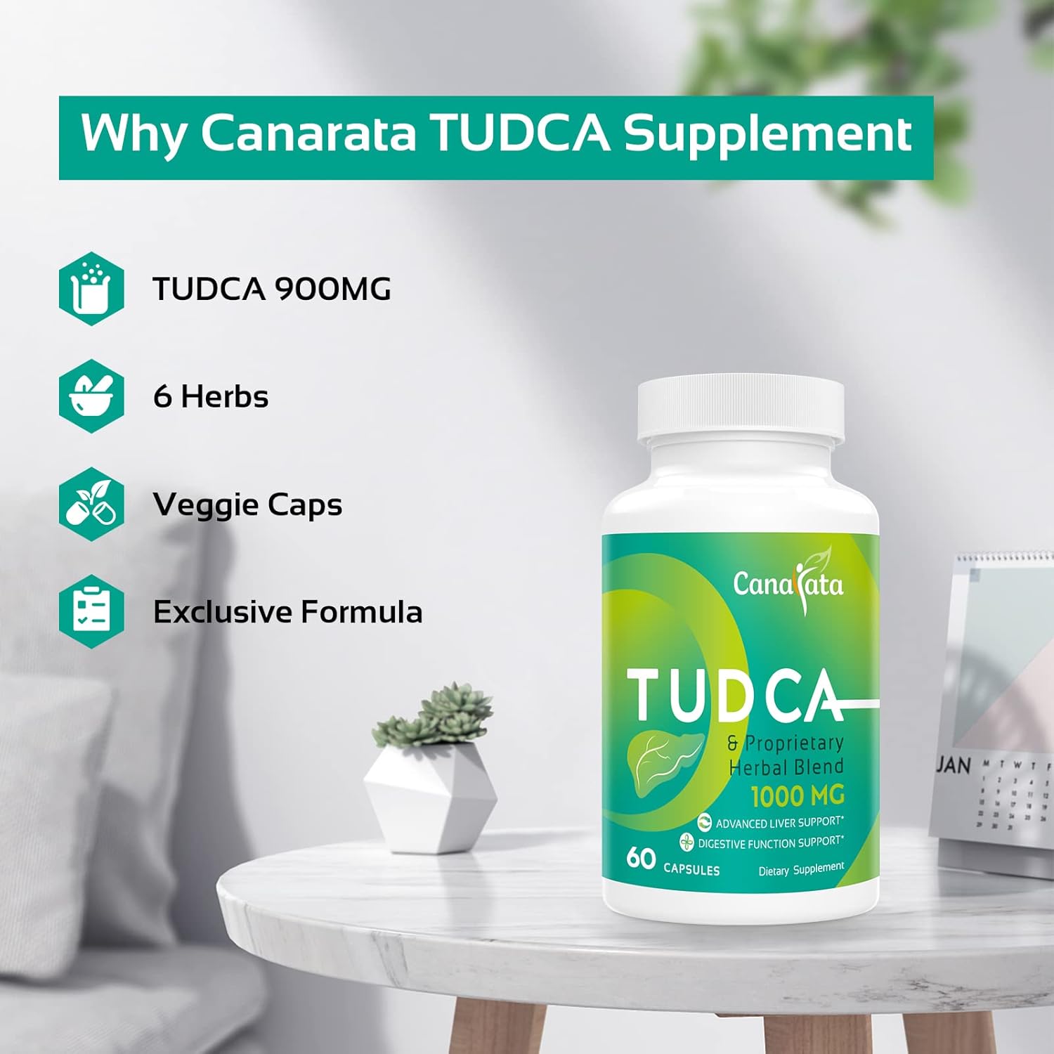 1000mg Canarata TUDCA Liver Support Supplements - 60 Vegan Capsules for Liver Cleanse & Repair with Milk Thistle Herbal Blend Formula