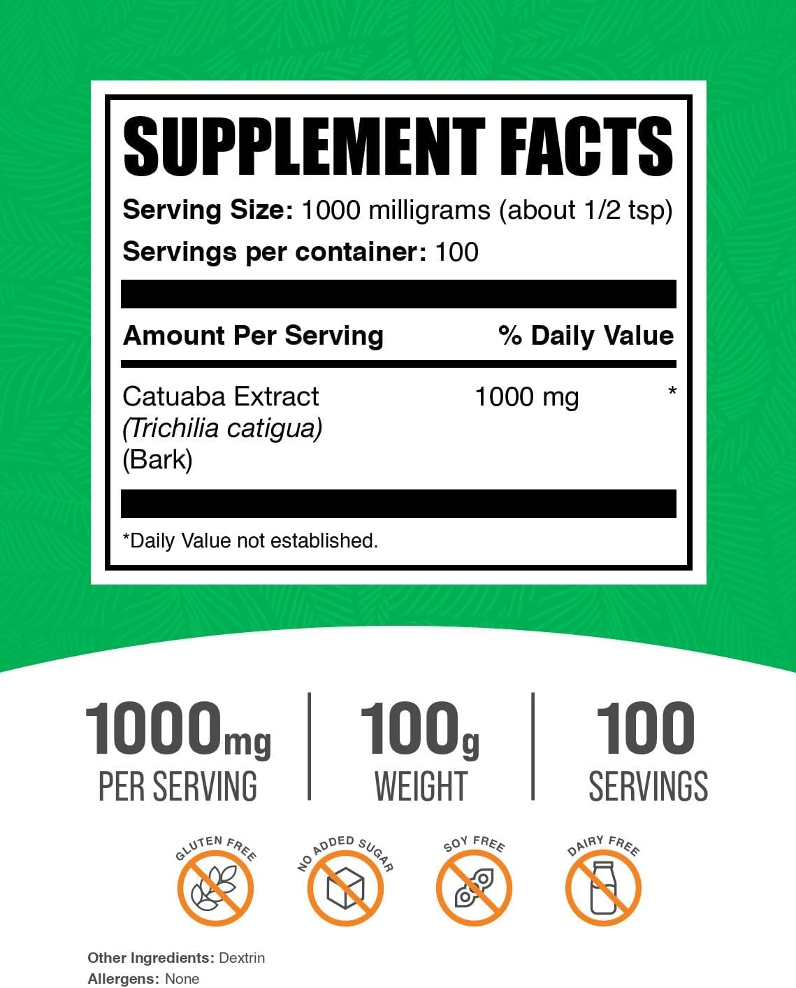 1000mg Catuaba Extract Powder - Energy Support from Catuaba Bark - Gluten Free, No Sugar Added - 100 Servings - 100g - 3.5oz