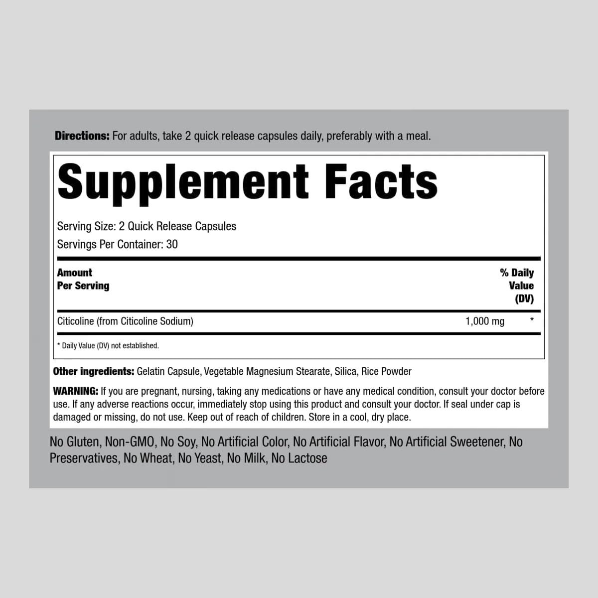 1000mg CDP Choline Citicoline Capsules - 60 Quick Release Non-GMO Gluten Free Supplement for Men and Women