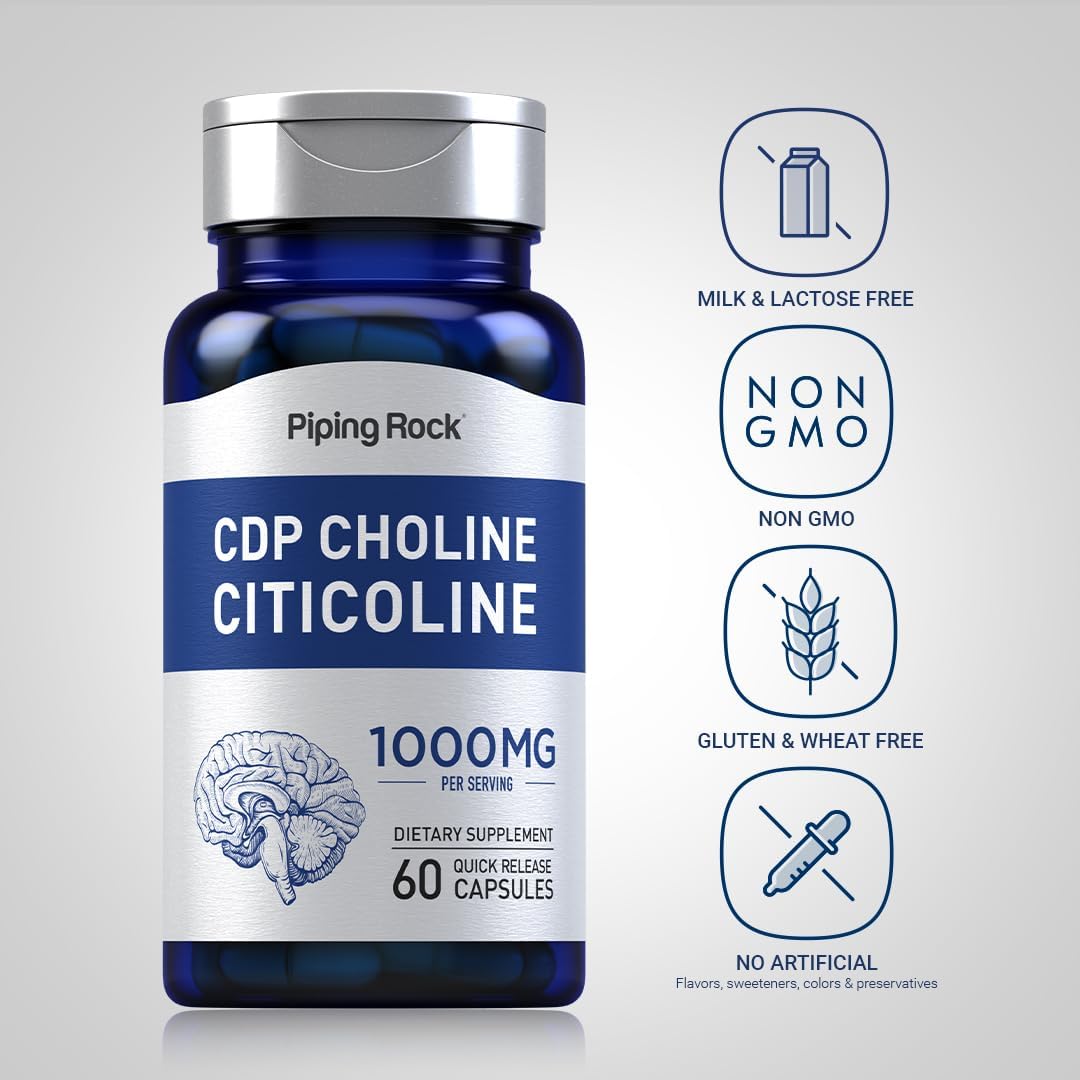 1000mg CDP Choline Citicoline Capsules - 60 Quick Release Non-GMO Gluten Free Supplement for Men and Women