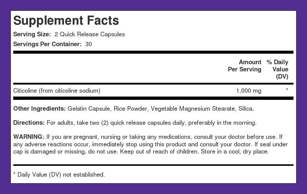 1000mg CDP Choline Citicoline Capsules - 60 Quick Release Non-GMO Gluten Free Supplement for Men and Women