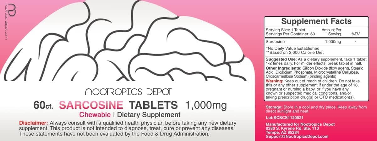 1000mg Chewable Sarcosine Tablets by Nootropics Depot - 60 Count