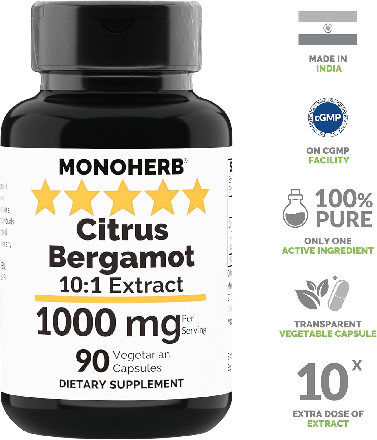 1000mg Citrus Bergamot Extract Capsules - 90 Vegetarian Capsules by MONOHERB