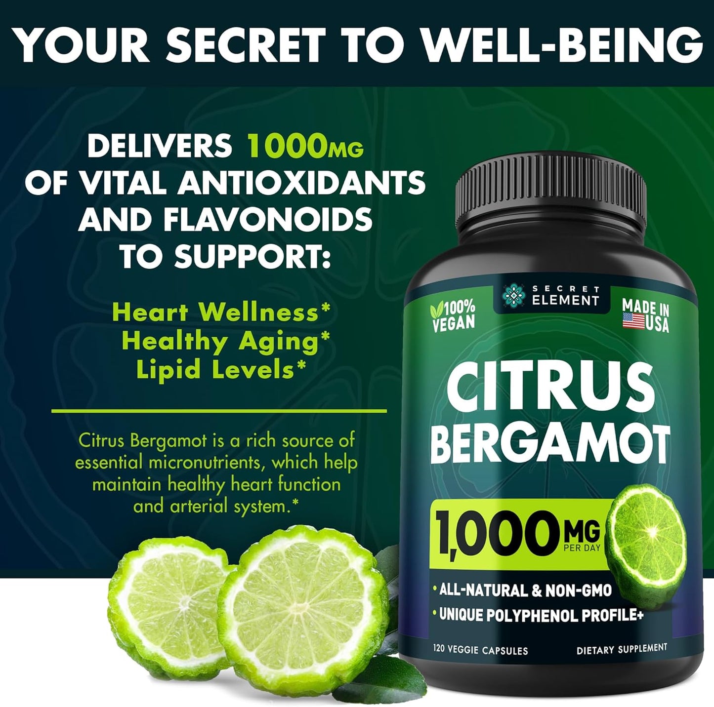 1000mg Citrus Bergamot Extract Capsules - Heart & Immune Support Supplement for Healthy Aging - Vegan Bergamot Supplement