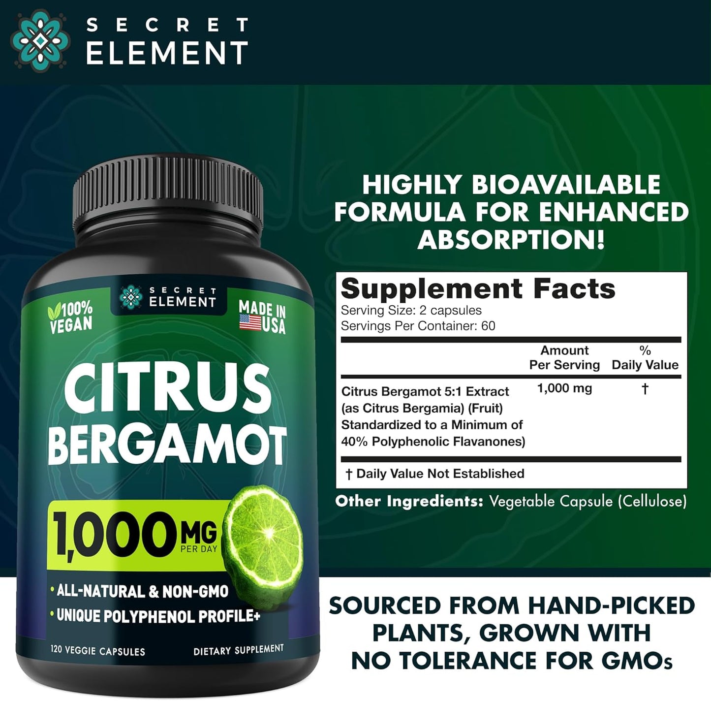 1000mg Citrus Bergamot Extract Capsules - Heart & Immune Support Supplement for Healthy Aging - Vegan Bergamot Supplement