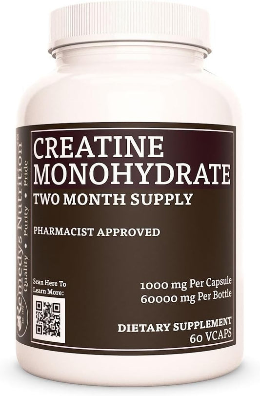 1000mg Creatine Monohydrate Vegan Capsules - 60 Count | Non-GMO, Gluten & Dairy Free Dietary Supplement