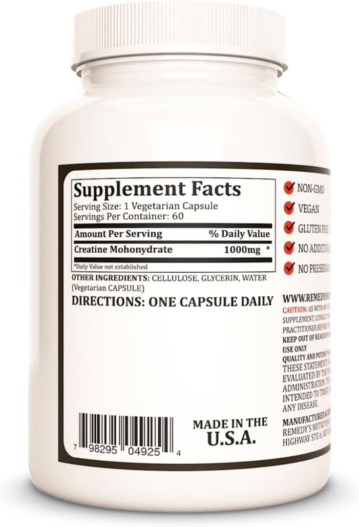 1000mg Creatine Monohydrate Vegan Capsules - 60 Count | Non-GMO, Gluten & Dairy Free Dietary Supplement