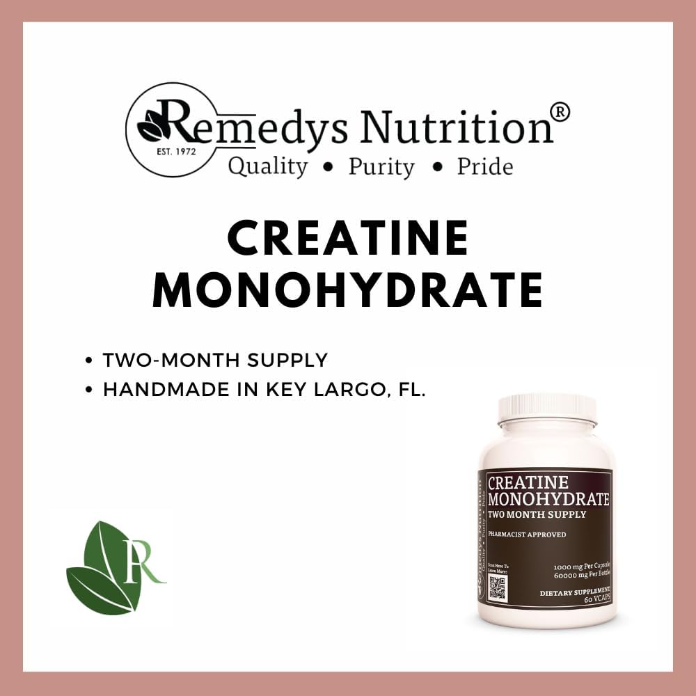 1000mg Creatine Monohydrate Vegan Capsules - 60 Count | Non-GMO, Gluten & Dairy Free Dietary Supplement