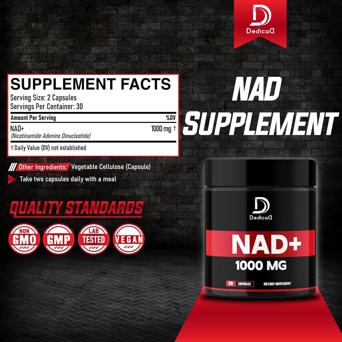 1000mg DEDICAD NAD+ Supplement - Boost Energy, DNA Repair, Anti-Aging, Brain Function - 60 Capsules