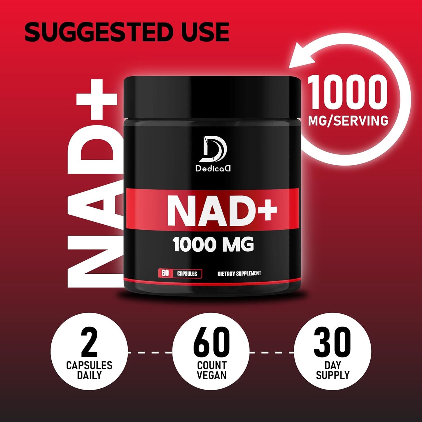 1000mg DEDICAD NAD+ Supplement - Boost Energy, DNA Repair, Anti-Aging, Brain Function - 60 Capsules