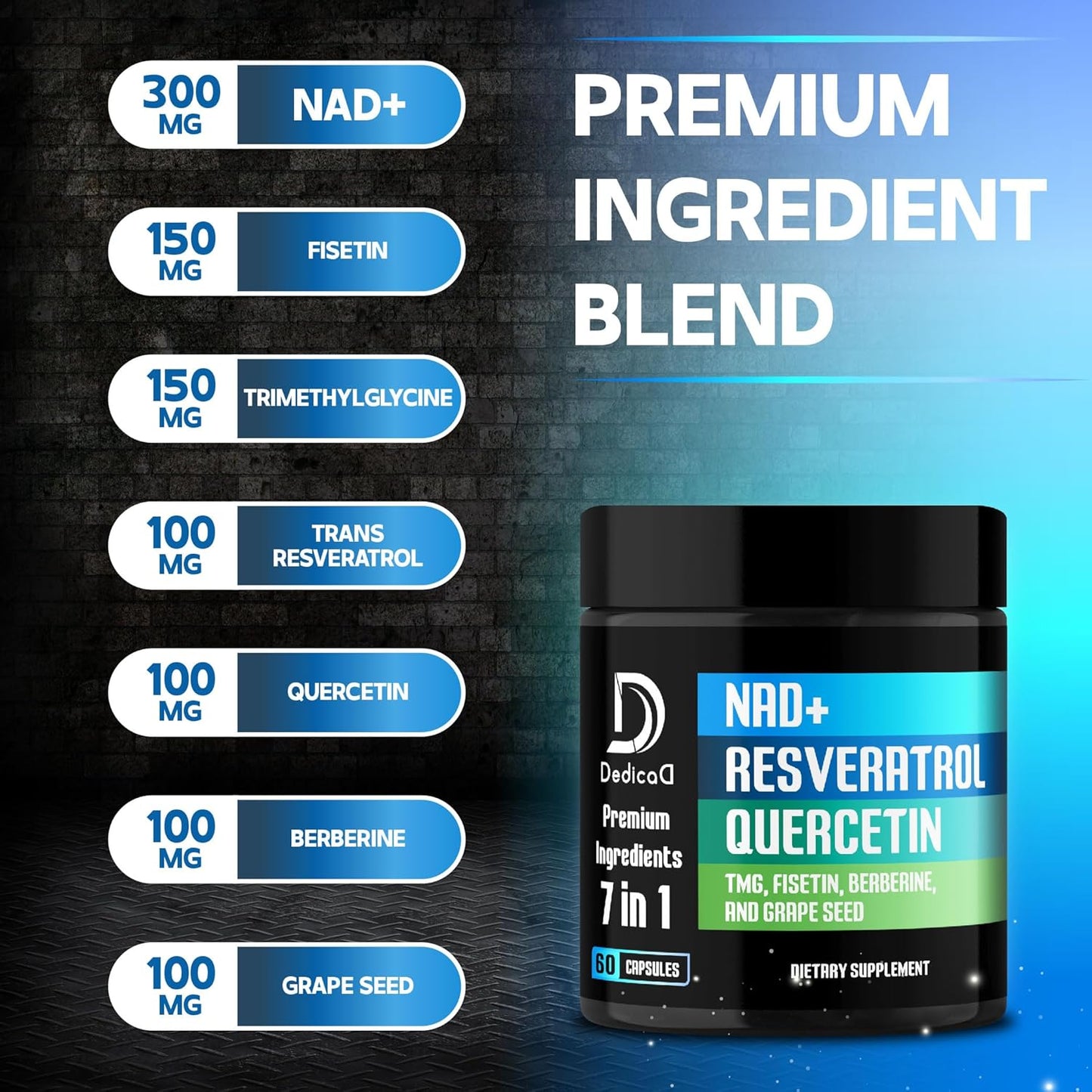 1000mg DEDICAD NAD+ Supplement with Resveratrol, Quercetin, Berberine, Fisetin, TMG, and Grape Seed - Energy, DNA Repair, Aging Defense, Brain Function - 60 Capsules
