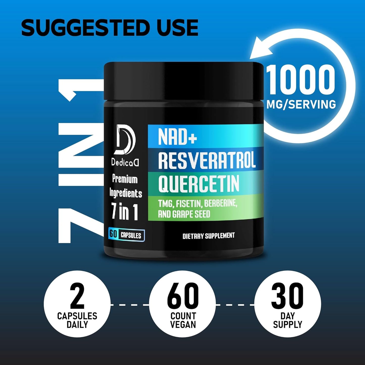 1000mg DEDICAD NAD+ Supplement with Resveratrol, Quercetin, Berberine, Fisetin, TMG, and Grape Seed - Energy, DNA Repair, Aging Defense, Brain Function - 60 Capsules