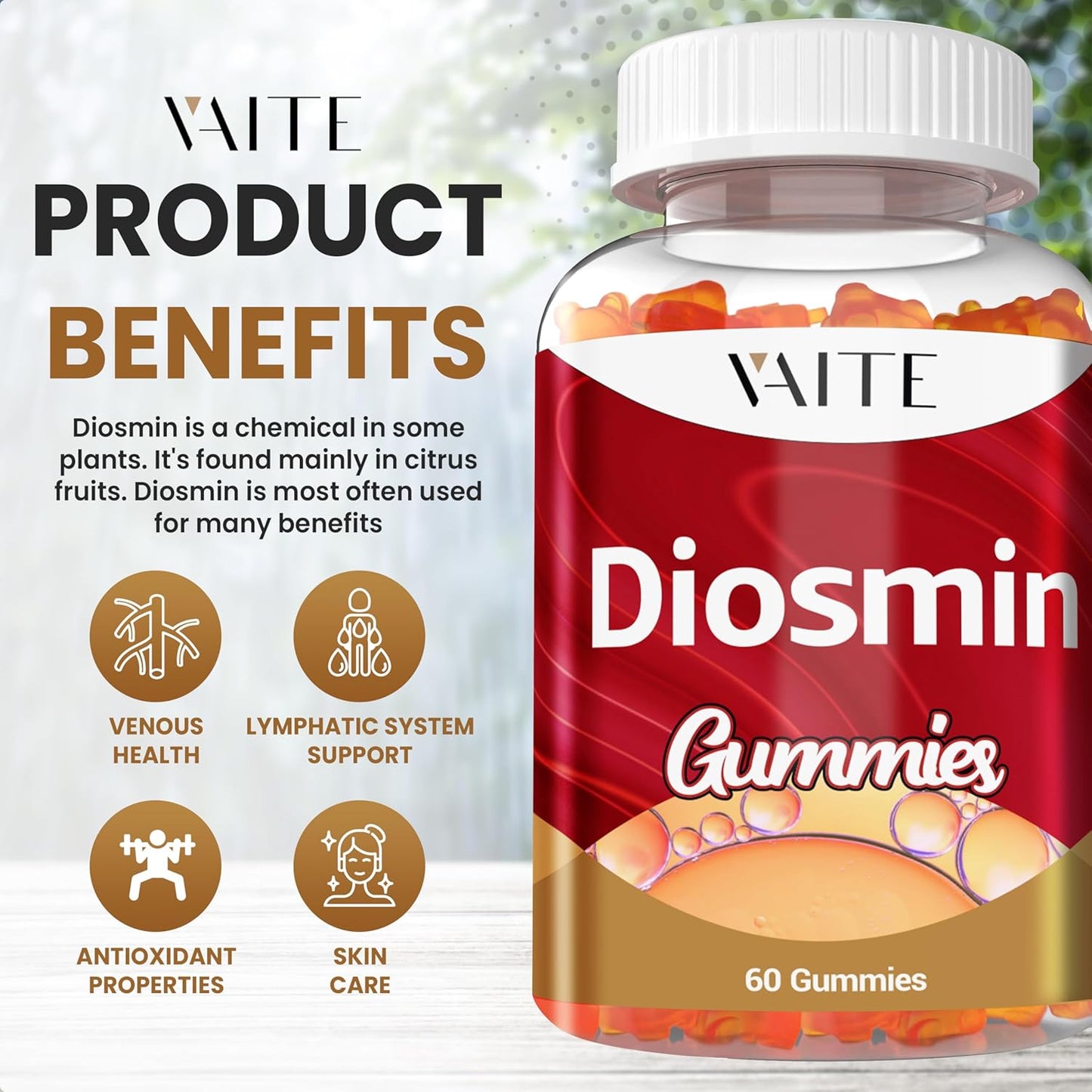 1000mg Diosmin Vein Support Gummy Supplement for Varicose Veins - Citrus Bioflavonoids, Venous Optimizer, Leg Health Formula - 60 Vegan Gummies