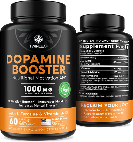 1000mg Dopamine Brain Support Supplement with Vitamin B12 and L-Tyrosine - Enhance Mental Well-Being - Made in USA - 60 Capsules