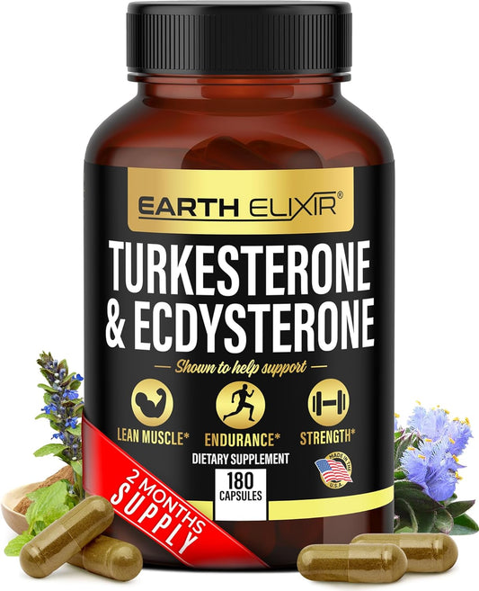 1000mg Earth Elixir Turkesterone and Ecdysterone Capsules (180 Count) - 2 Month Supply - 95% Beta Ecdysterone - Third-Party Tested for Men