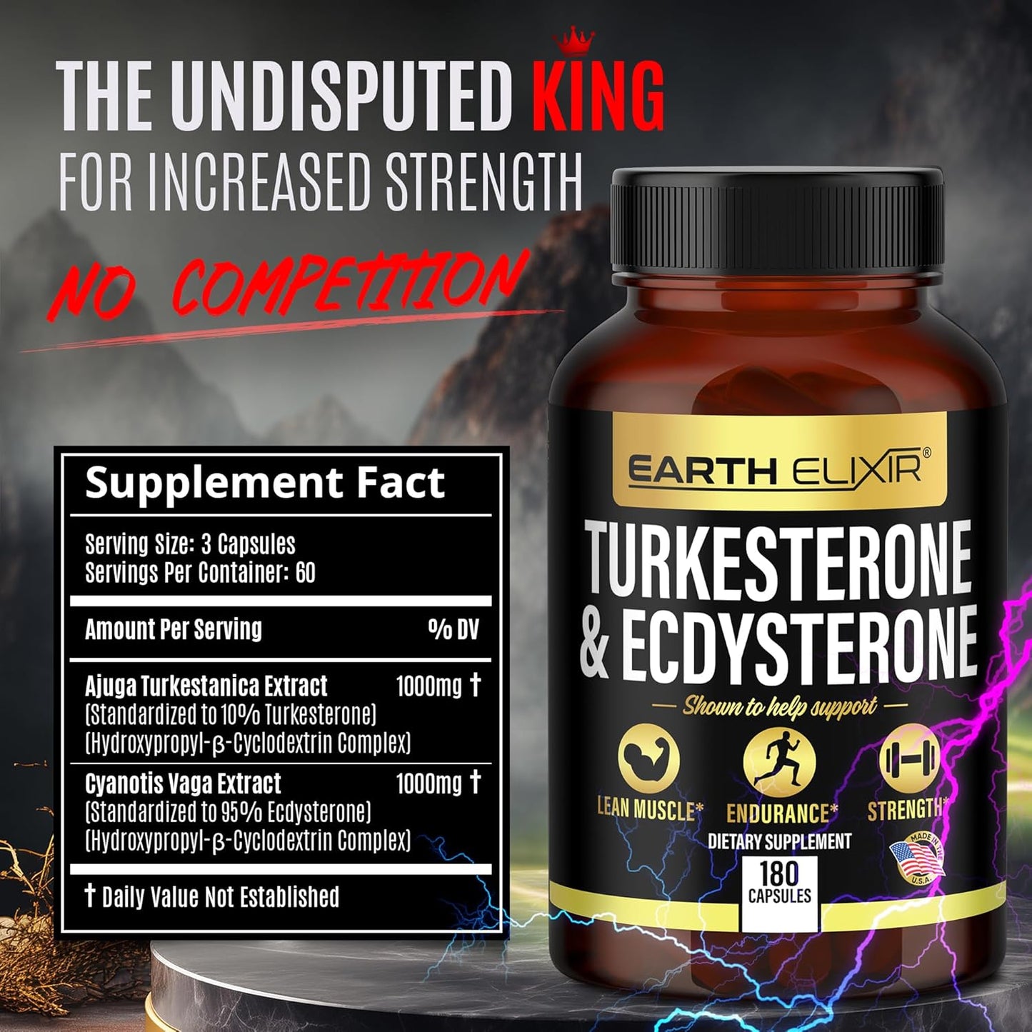 1000mg Earth Elixir Turkesterone and Ecdysterone Capsules (180 Count) - 2 Month Supply - 95% Beta Ecdysterone - Third-Party Tested for Men