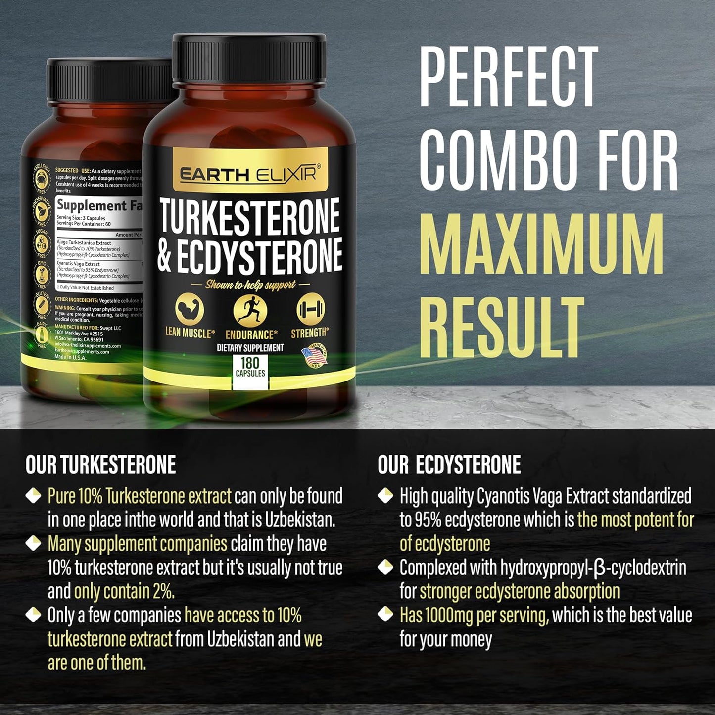 1000mg Earth Elixir Turkesterone and Ecdysterone Capsules (180 Count) - 2 Month Supply - 95% Beta Ecdysterone - Third-Party Tested for Men