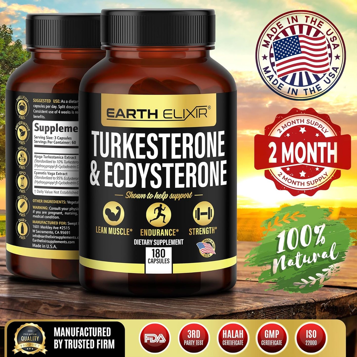 1000mg Earth Elixir Turkesterone and Ecdysterone Capsules (180 Count) - 2 Month Supply - 95% Beta Ecdysterone - Third-Party Tested for Men
