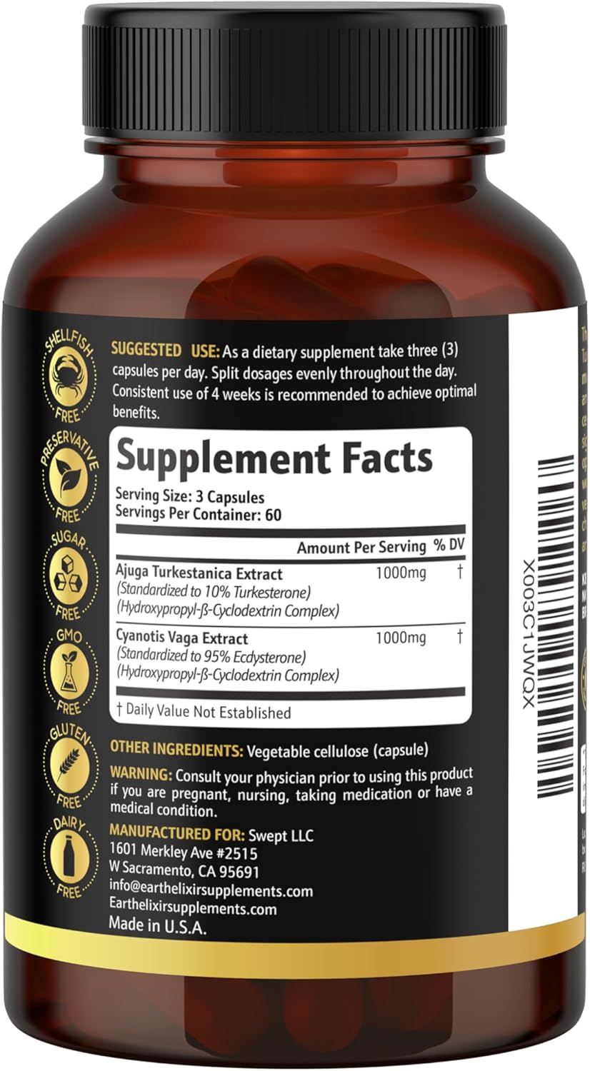 1000mg Earth Elixir Turkesterone and Ecdysterone Capsules (180 Count) - 2 Month Supply - 95% Beta Ecdysterone - Third-Party Tested for Men